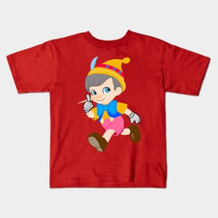 Drawing of a boy dressed like the cartoon Pinocchio, running fun. Kids T-Shirt